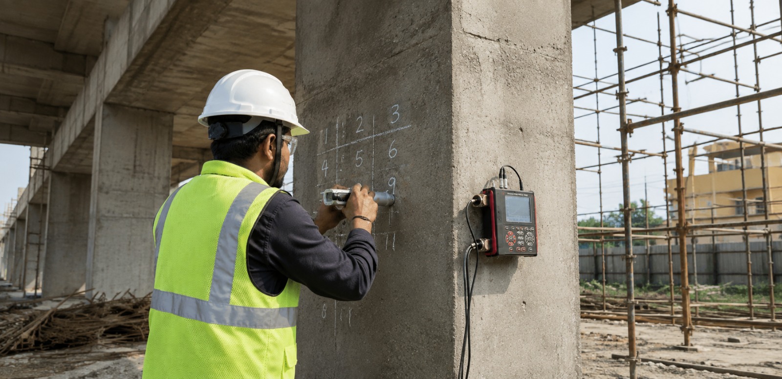 NDT Engineer performing an Ultrasonic Pulse Velocity test on a concrete pillar